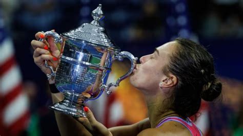 Aryna Sabalenka celebrates US Open title with jaw.